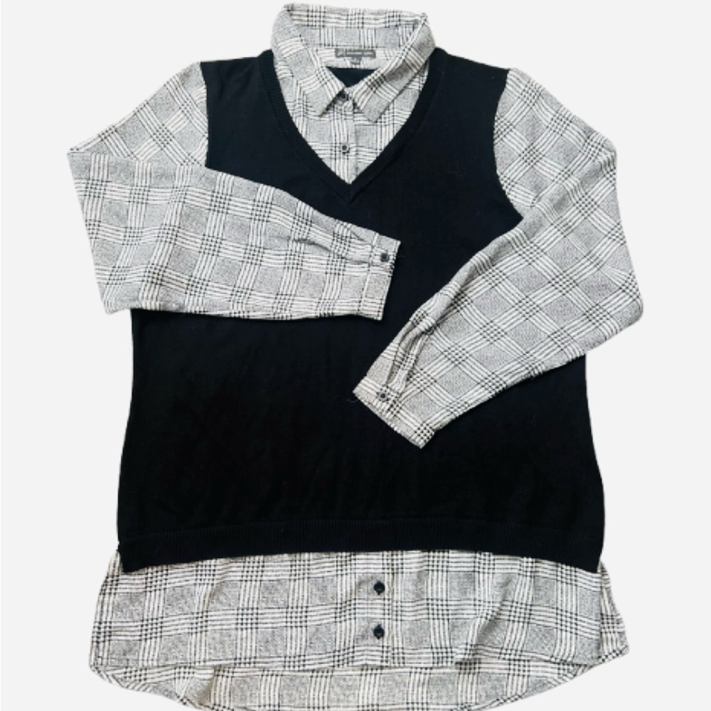 Adrianna‎ Papell Black and White plaid   long sleeves Shirt Swearer vest XL